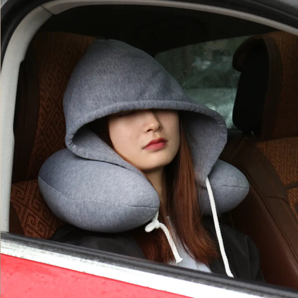 ✈️ Hooded Travel Neck Pillow – Memory Foam Comfort for Flights & Trips